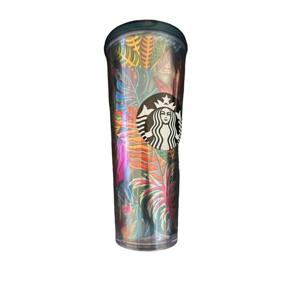 Starbucks Tumbler Unisex 24oz Multi Tropical Leaf Print Cold Cup‎ Reusable Lid